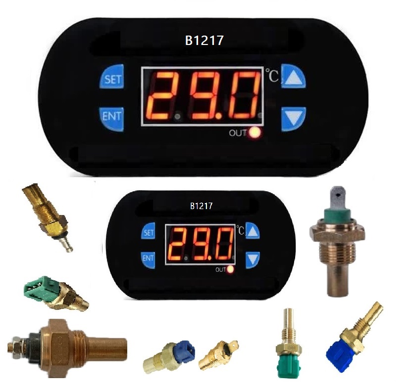 نمایشگر دما آمپر آب دیجیتال آلارم دار (ترموستات) 12 و 24 ولت خودروهای سبک و سنگین مدل B1217